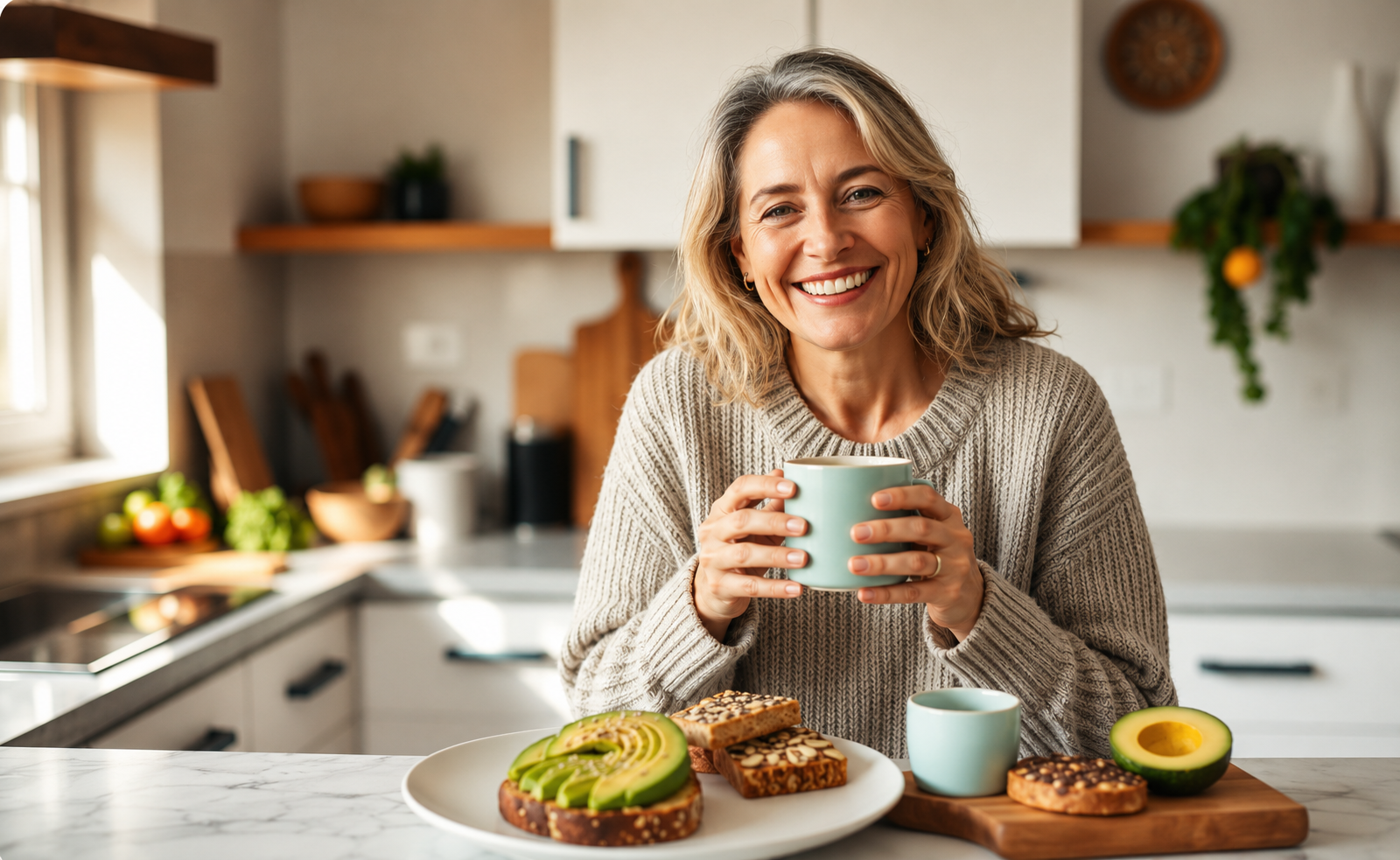 Mujer sonriendo con un desayuno saludable para la tiroides